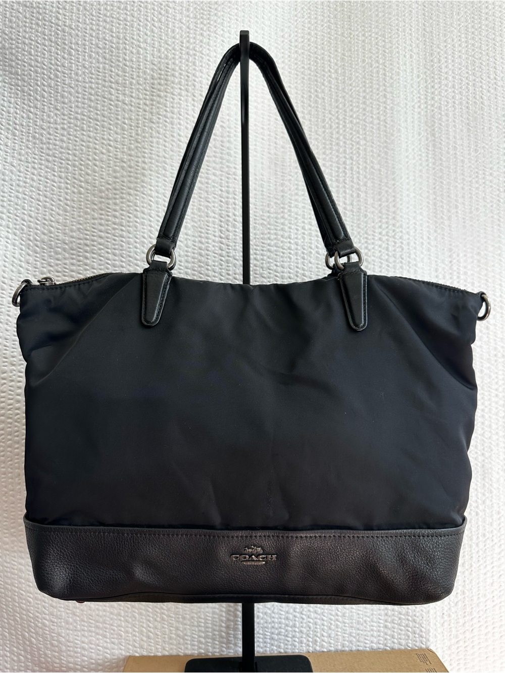 Coach Black Nylon Leather Tote Bag Shoulder Bag Zip Top Work Laptop Purse Large